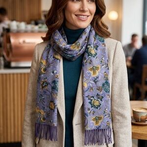 Loro Piana 100% Cashmere Floral Scarf in Violet & Gold - Luxury Fringed Wrap